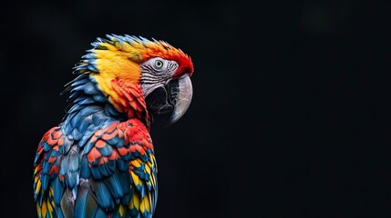 Vibrant and colorful macaw parrot against a dark background, showcasing its beautiful plumage and striking features.