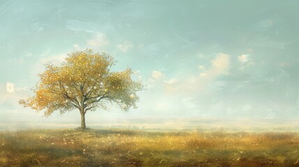 Soft pastel background with a lone tree shedding its leaves in an open field.