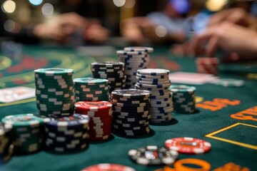 Naklejka premium Many casino chips on the poker table at luxury casino