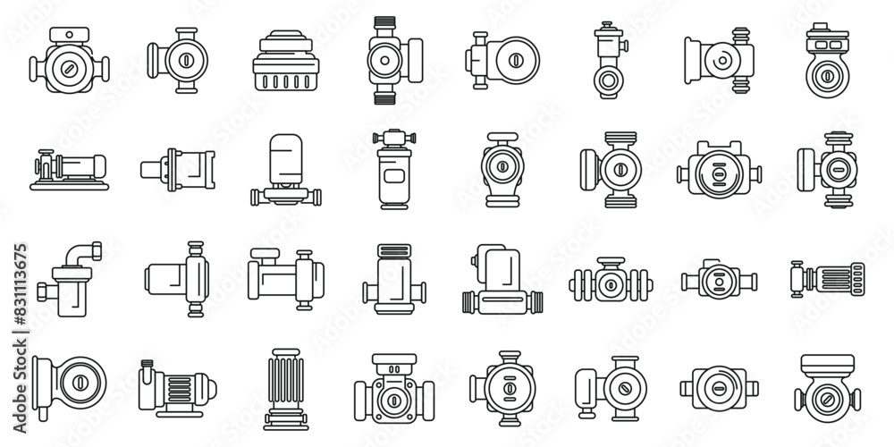 Poster water circulation pump icons set vector. a collection of various types of pumps and valves. the imag