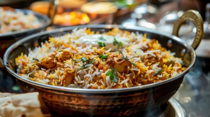 Close-up of sizzling and aromatic chicken biryani, served with raita and papadum, a fragrant and...