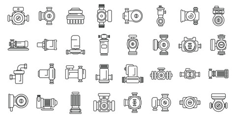 Water circulation pump icons set vector. A collection of various types of pumps and valves. The image is a collection of different types of pumps and valves, all of which are drawn in a simple