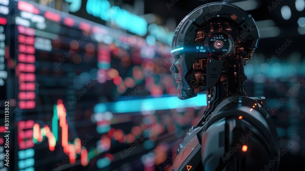Poster a man in a futuristic suit is focusing on a display showing stock information.