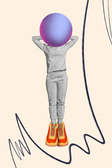 Creative trend collage of funny person sphere instead head big shoes bizarre unusual fantasy billboard