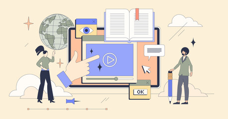 E-learning platforms using online websites tiny person neubrutalism concept. Education and learning software for distant knowledge and academic growth vector illustration. Digital training course.