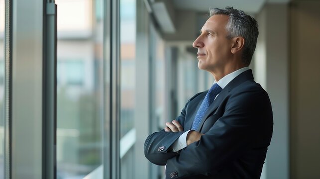 Happy proud mid aged mature professional business man ceo executive wearing suit standing in office arms crossed looking away thinking of success leadership corporate growth concept : Generative AI