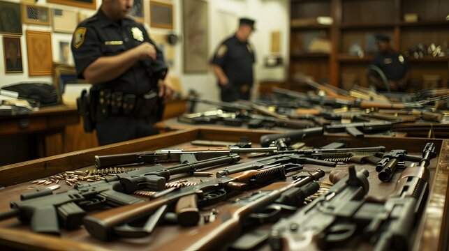 Police Station Evidence Table Displaying Seized Weapons in Confiscation
