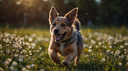Energetic pup bounces playfully amidst a blooming field in 4K, capturing the essence of carefree bliss