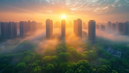 A city skyline with tall buildings and green trees, under the sunlight of dawn, symbolizing urban sustainability and environmental friendliness