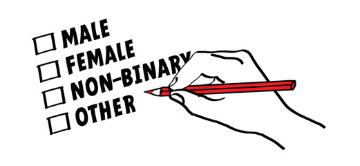 Check box, fill in gender list: male, female, non-binary or transgender. Filling in the questionnaire, documents. Choice of sex in the questionnaire. Survey question: man, woman. Question mark.
