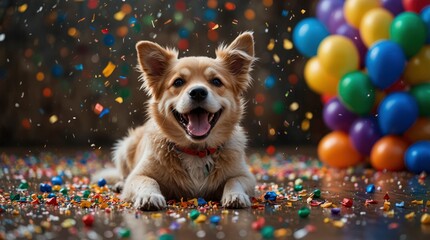 Happy birthday to this adorable pooch! A festive scene unfolds as the dog revels in its special day amidst a flurry of confetti.