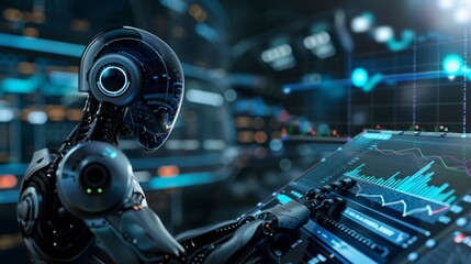 Fototapeta premium A robot is focused on examining data displayed on a computer screen.