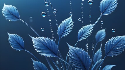 Isolated modern illustration of abstract blue water droplets falling from a green plant leaf. Low poly design with blue geometric background. Wireframe light connection structure. Modern 3D graphic