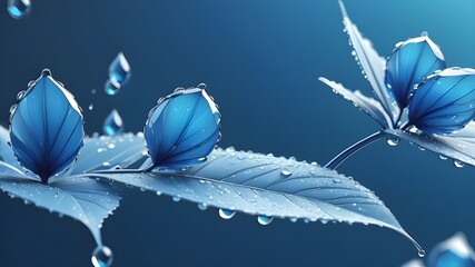 Isolated modern illustration of abstract blue water droplets falling from a green plant leaf. Low poly design with blue geometric background. Wireframe light connection structure. Modern 3D graphic