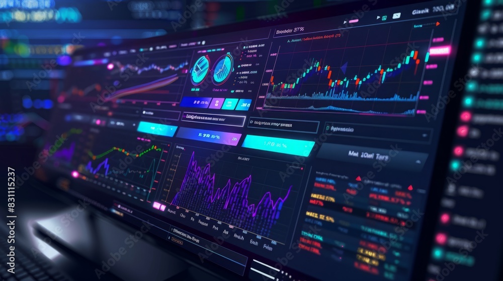 Poster a computer screen displaying an abundance of data charts, graphs, and numbers in a business or scien