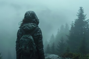 Mysterious hooded figure stands in a misty forest, evoking a sense of curiosity and adventure