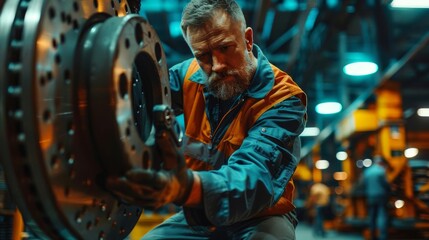 A mechanic inspecting brake pads, close up, safety check theme, realistic, overlay, repair shop backdrop