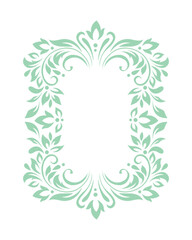 Rectangular vintage frame, border of stylized leaves, flowers and curls in light green lines on white background. Vector retro backdrop, wallpaper, card