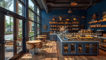 A cozy and inviting coffee shop with large windows, showcasing an array of pastries on display in the counter area. 