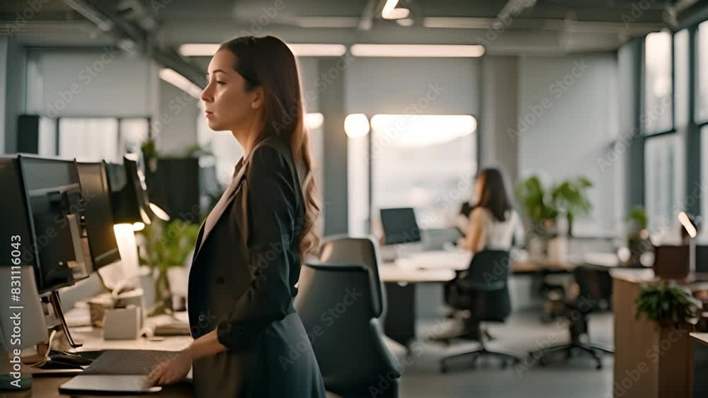 Poster woman standing in front of computer in office generative ai
