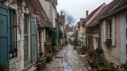 Fototapeta premium In the background, a quaint village with cobblestone streets and charming cottages created a picturesque and nostalgic scene.