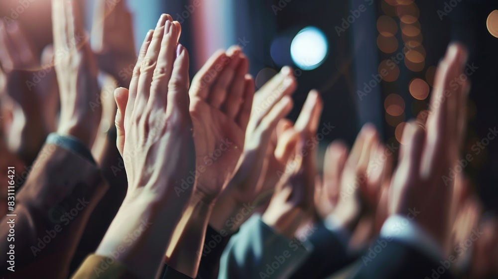 Poster applause support and success with a business team clapping as an audience at a conference or seminar