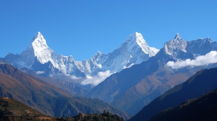 Fototapeta premium In the background, the towering mountains stood majestically against the clear blue sky, their peaks dusted with snow, creating a breathtaking contrast.