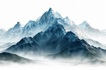 Snowy mountains in mist, white sky - Powered by Adobe