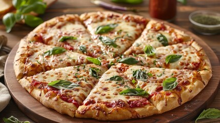 Indulge in the rich flavors of Italian cuisine with a classic margherita pizza, featuring a perfectly crisp crust, tangy tomato sauce, fresh mozzarella, and fragrant basil leaves.