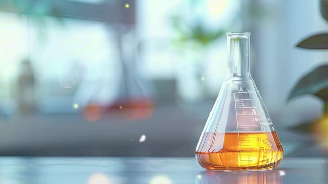 motion picture reference of science. yellow liquid in a flask with a lab background