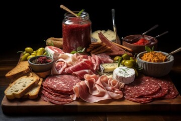Artisanal charcuterie board, with cured meats, pickles, and gourmet spreads