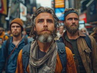 Fototapeta premium Man Wearing Warm Clothes Standing in a Busy Times Square Evening