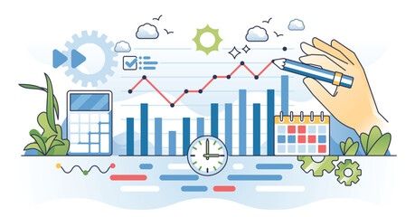 Time series analysis with sequence of data points outline hands concept. Scientific statistics and forecasting method for data science vector illustration. Interval of time axis for periodic chart.