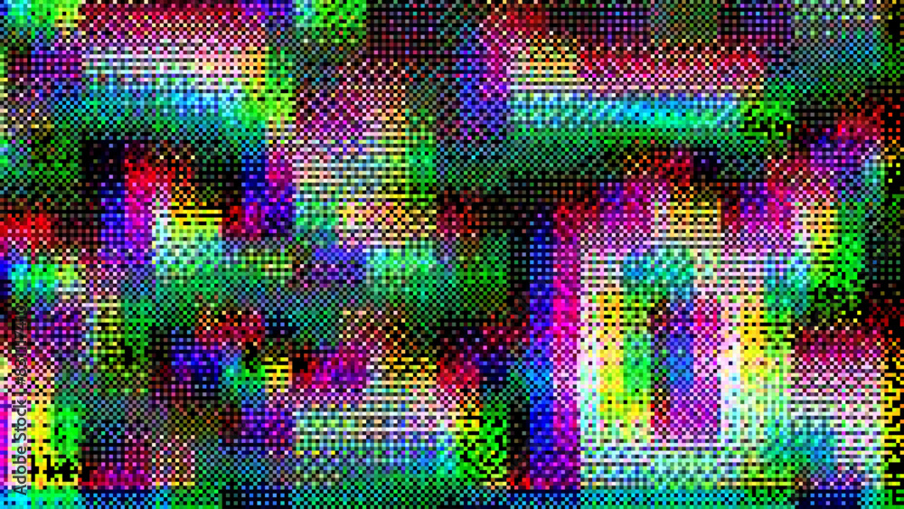 Poster Abstract Digital RGB Pixel Noise Glitch Error Screen Design. Video Damage Overlay Background. Vector Illustration.
