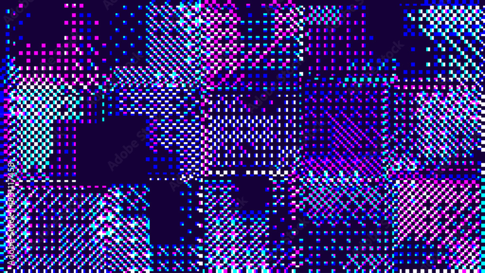 Leinwandbilder Abstract Technology Futuristic Digital Square Pattern. Square Pixel Glitch Dither Dark Purple Background. Rectangle Particles Metaverse Concept Backdrop, Virtual Cyber Space. Vector Illustration.