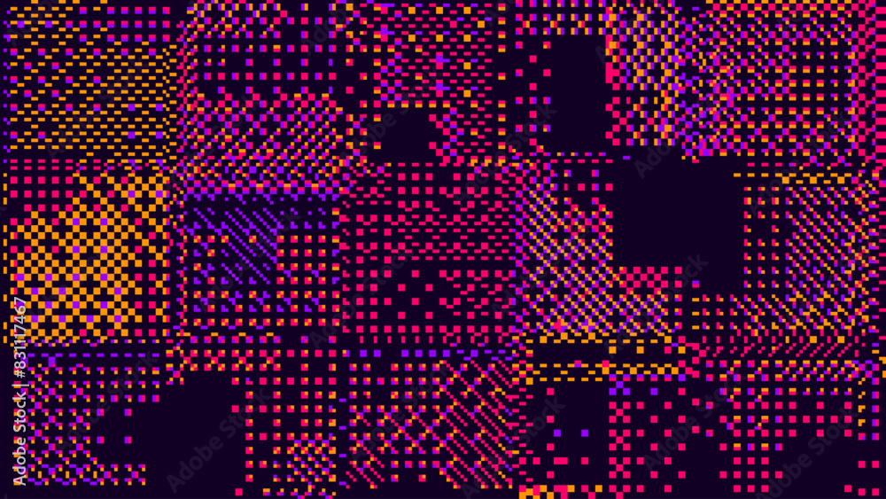 Poster Abstract Technology Futuristic Digital Square Pattern. Square Pixel Glitch Dither Dark Purple Background. Rectangle Particles Metaverse Concept Backdrop, Virtual Cyber Space. Vector Illustration.