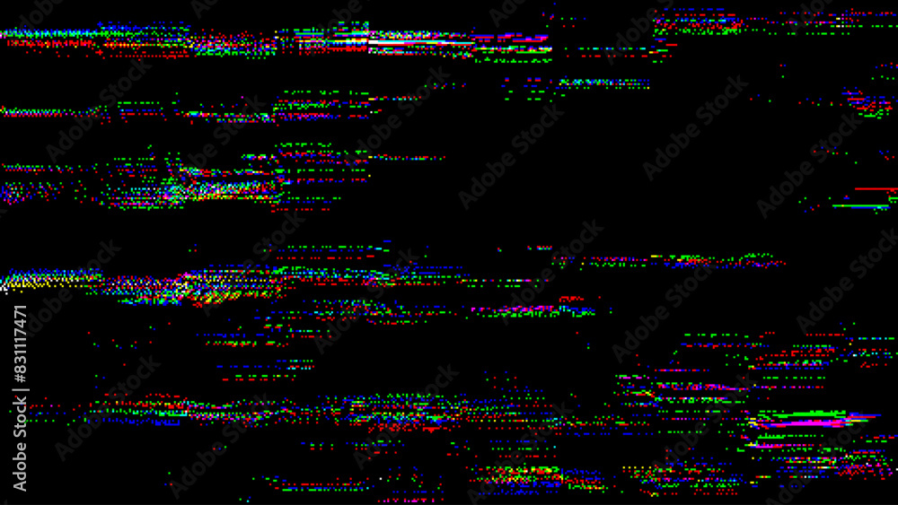 Poster Abstract Digital RGB Pixel Noise Glitch Error Screen Design. Video Damage Overlay Background. Vector Illustration.

