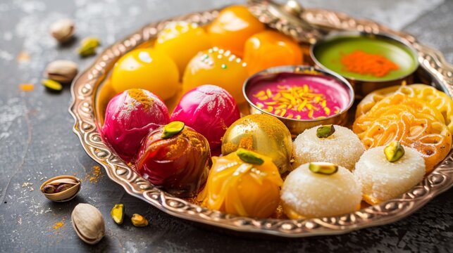 Colorful Indian dessert platter with sweets like gulab jamun, rasgulla, and jalebi, served with pistachio nuts and saffron strands