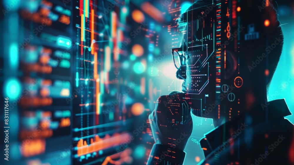 Poster a man wearing a futuristic suit is examining data displayed on a computer screen.