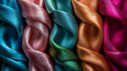 A colorful and shiny fabric design featuring interwoven lines in various metallic colors like emerald, fuchsia, and bronze, creating a beautiful effect. Minimal and Simple style
