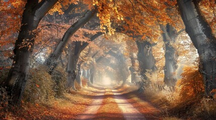 Autumn path with pastel leaves and a canopy of trees creating a natural tunnel.