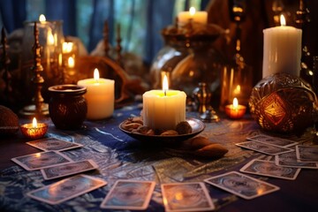 Tarot reading session, with a mystical atmosphere, candles, and tarot cards