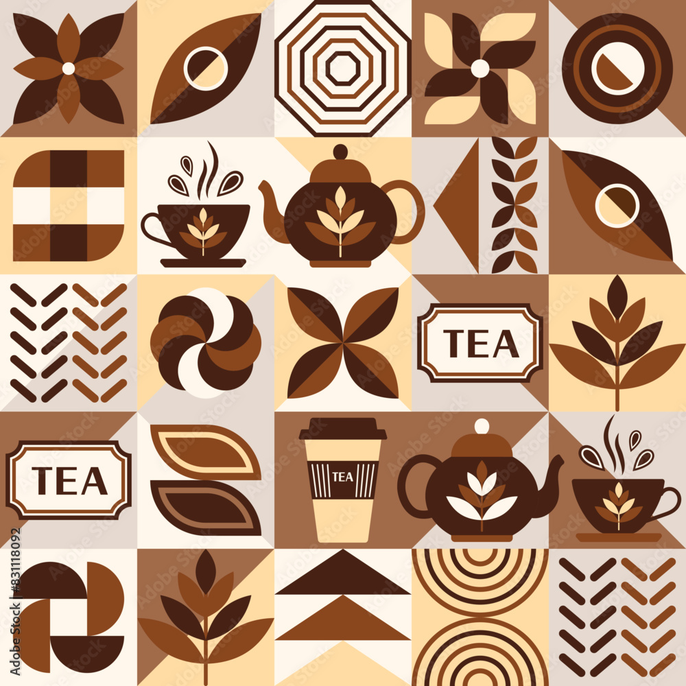 Poster pattern with icons for black tea, design elements in simple geometric style. seamless background wit