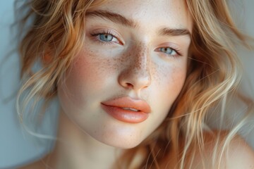 Naklejka premium Close-up portrait of a fresh-faced woman with freckles, blue eyes, and blonde hair