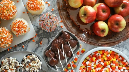 Making Halloween-themed treats like caramel apples, witch finger cookies, and candy corn popcorn for a festive feast.