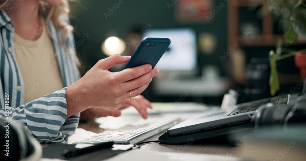 Poster Woman, phone and hands with typing on keyboard for multimedia, research and feedback on project. Business, person and multitasking with technology for edit in copywriting, editing or review of report