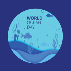 World ocean day, 8th June. Ocean day vector symbols. Ocean animals and blue ocean.
