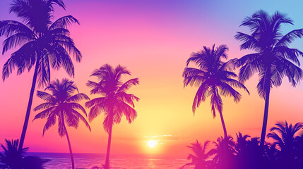 Fototapeta premium Silhouette of palm trees against a vibrant sunset, evoking feelings of tropical paradise and relaxation