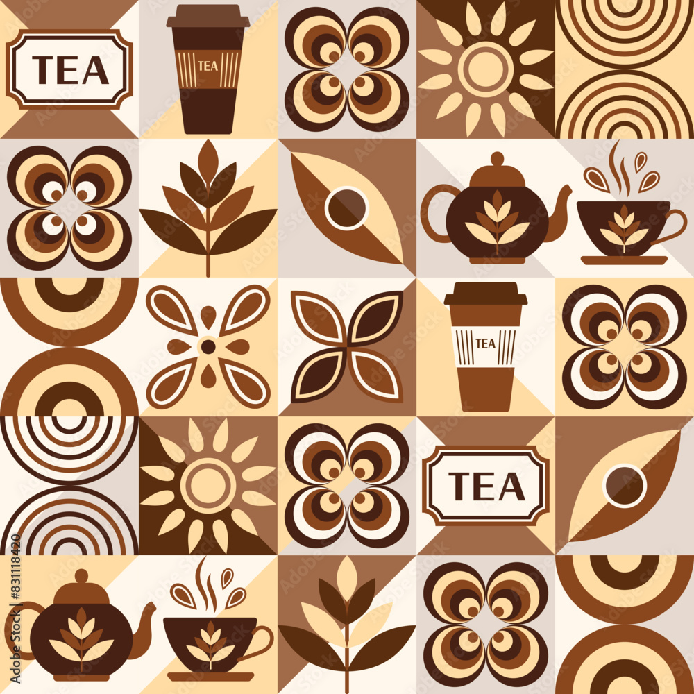 Poster pattern with icons for black tea, design elements in simple geometric style. seamless background wit