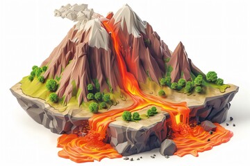 Close-up volcano model with lava and trees